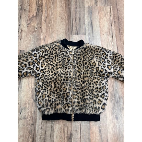 Epic Threads Girls Reversible Bomber Jacket Gold Metallic & Leopard Faux Fur M - Picture 1 of 8